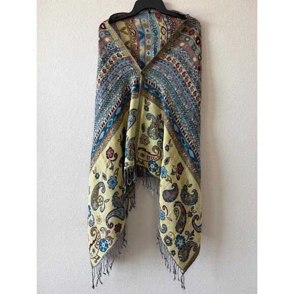 Red Gold Reversible Silk Blend Pashmina Scarf Shawl 67x27” Paisley Mixed Media - Picture 5 of 8